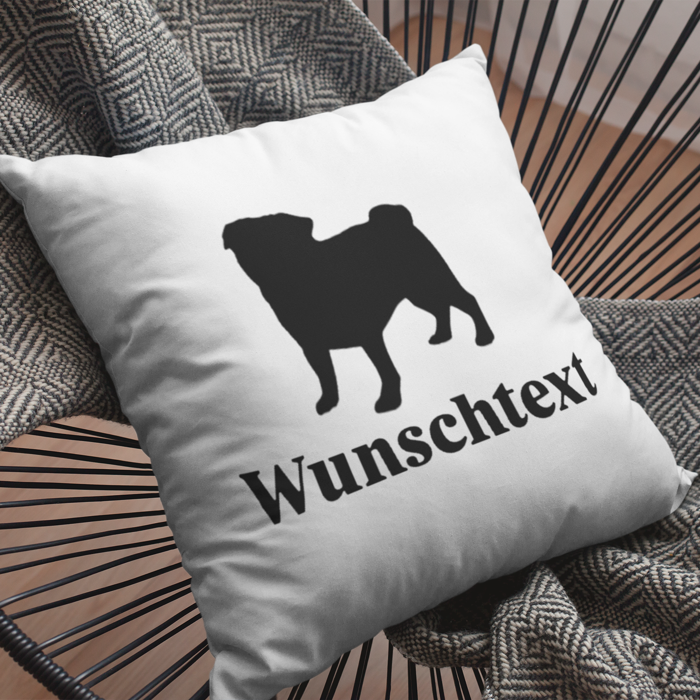 Bügelbild für Kissen "Mops Wunschtext"