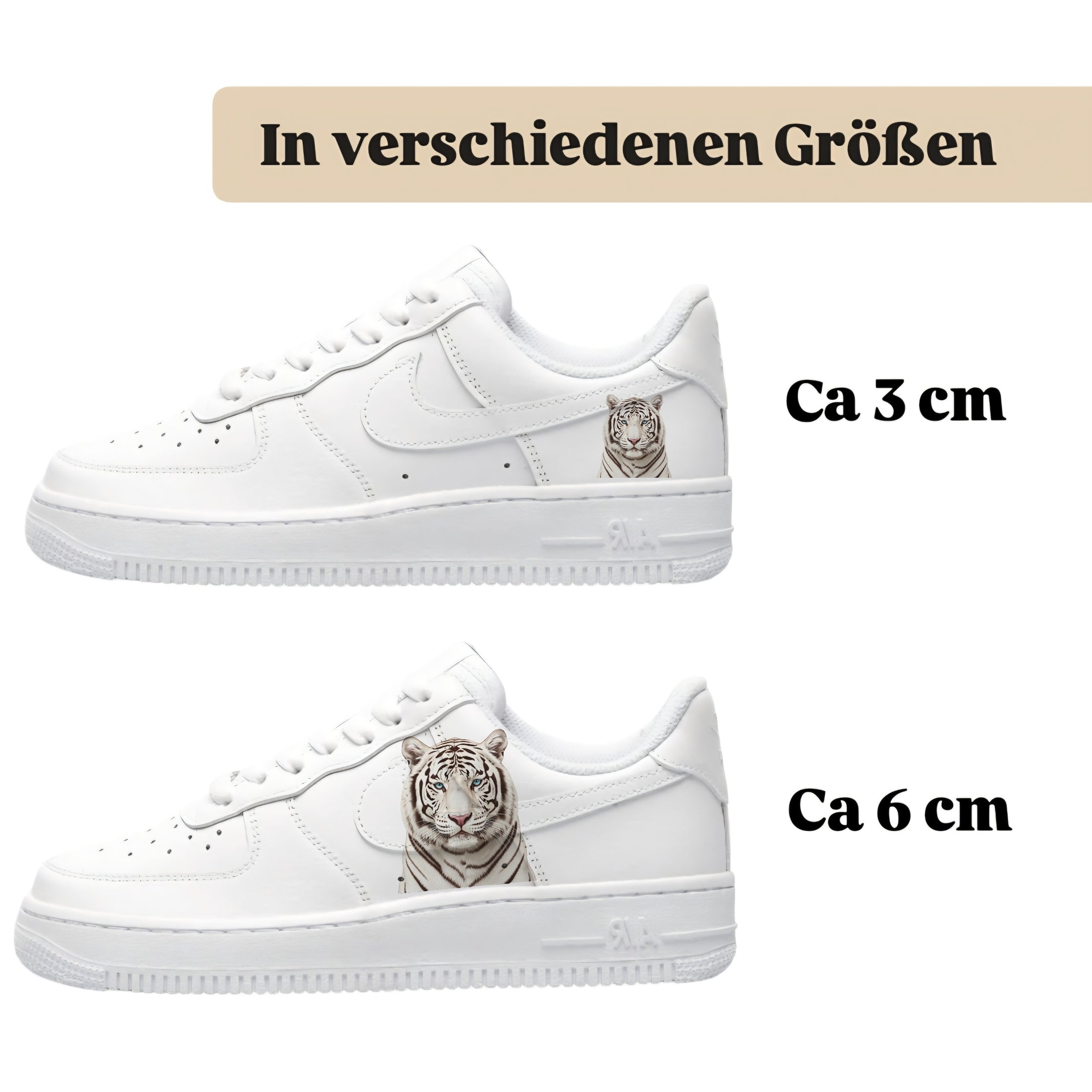 Bügelfolie für alle Schuhe zum personalisieren custom Sneaker weißer Tiger